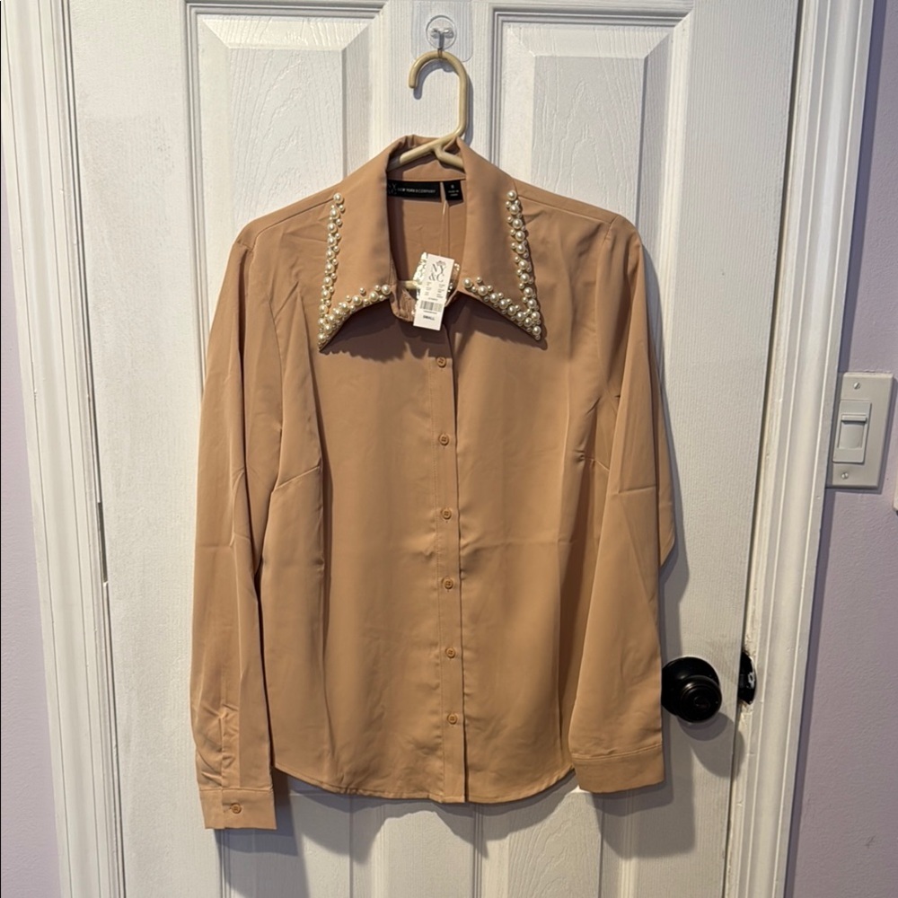 Tan Button-Up Shirt with Pearl Collar
